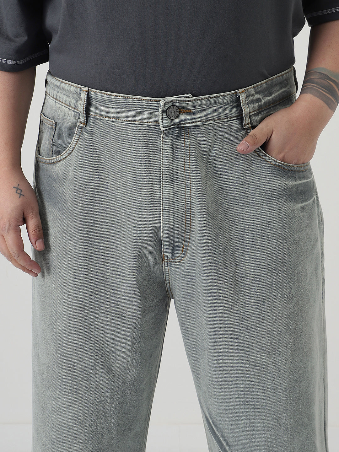 Plus Men's Ice Grey Loose Baggy Fit Washed Jeans Non-Stretchable - Image 6