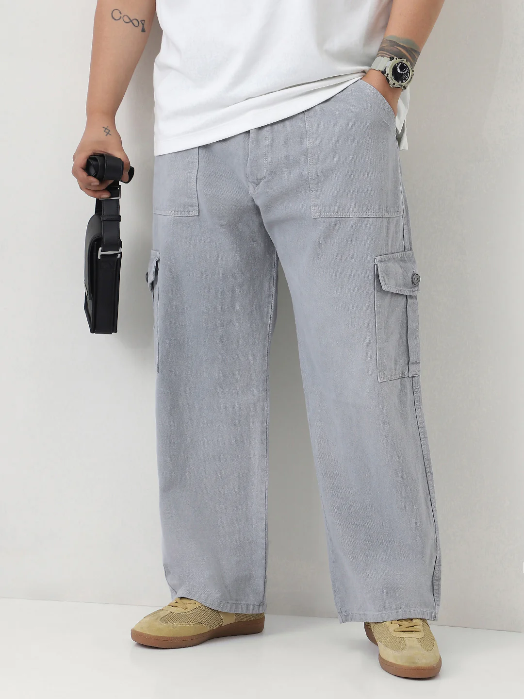 Plus Men's Ice Grey Loose Fit Cargo Jeans with 6 Pockets Non-Stretchable - Image 2