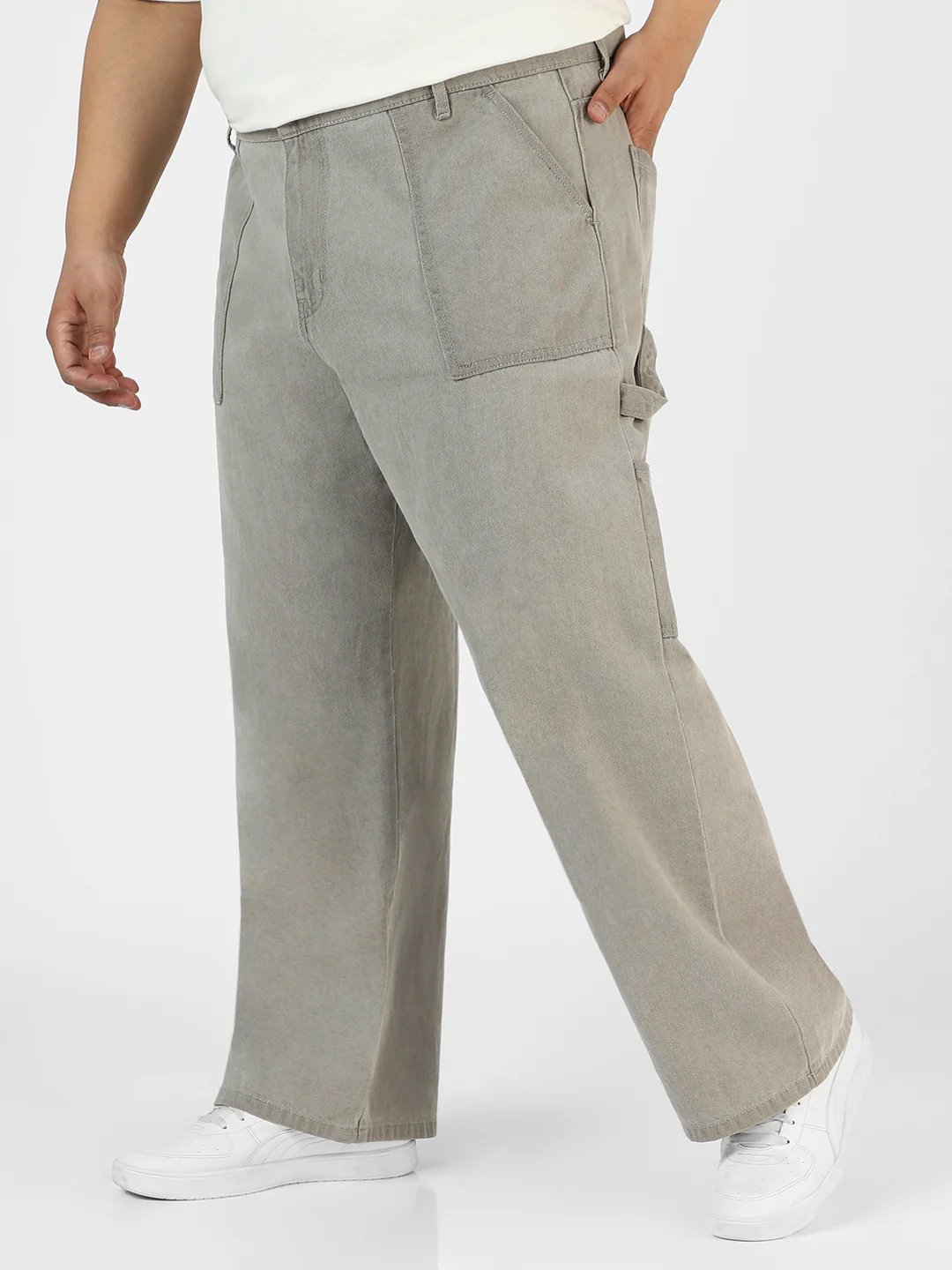 Plus Men's Ice Grey Loose Fit Cargo Carpenter Jeans With 6 Pockets Non-Stretchable - Image 2