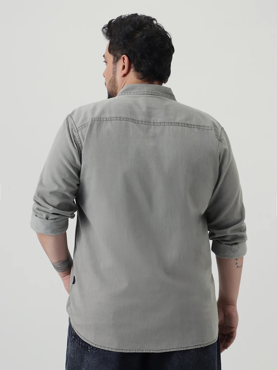 Plus Men's Ice Grey Regular Fit Full Sleeve Solid Denim Shirt - Image 3