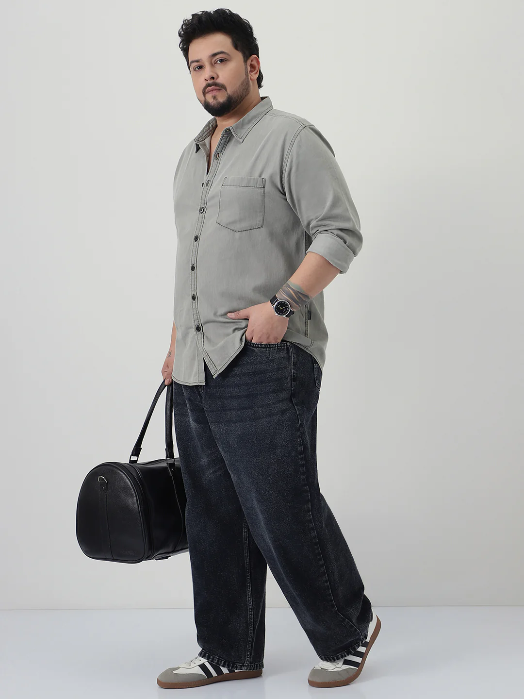 Plus Men's Ice Grey Regular Fit Full Sleeve Solid Denim Shirt - Image 4