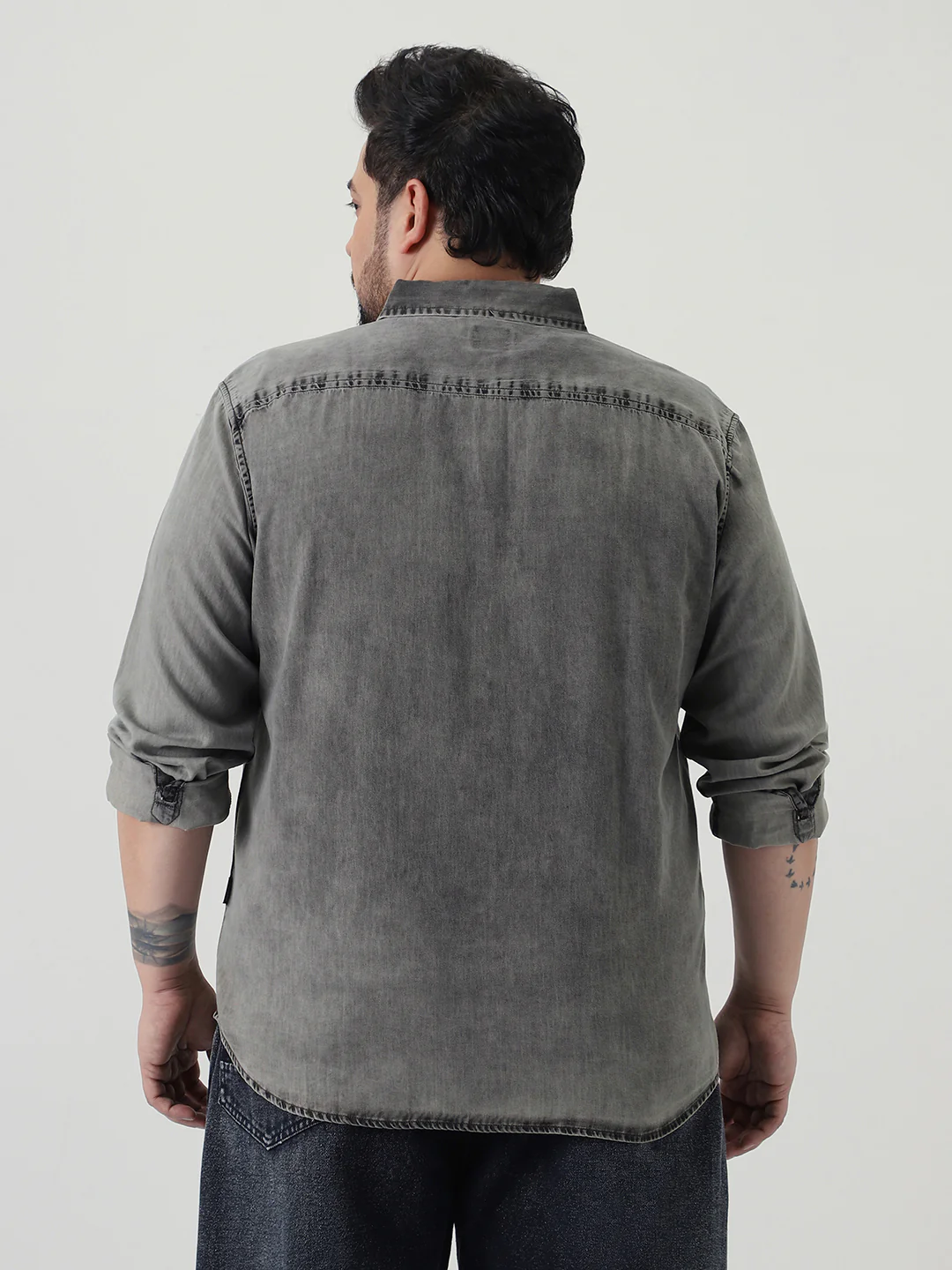 Plus Men's Ice Grey Regular Fit Full Sleeve Washed Denim Shirt - Image 3