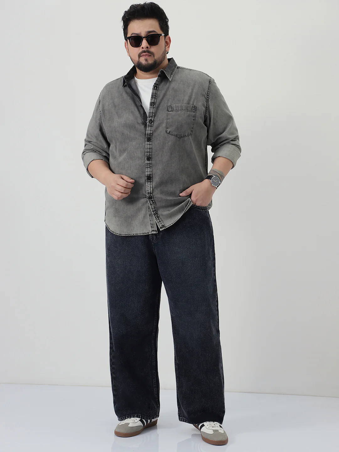 Plus Men's Ice Grey Regular Fit Full Sleeve Washed Denim Shirt - Image 4
