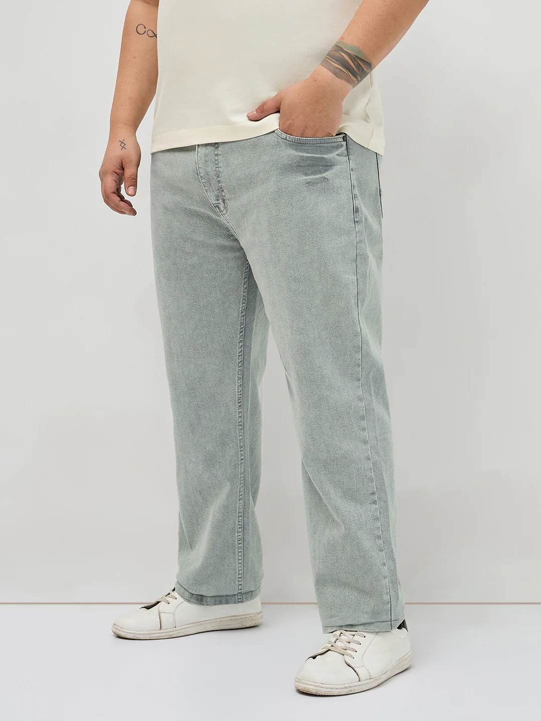 Plus Men's Ice Grey Regular Fit Acid Washed Denim Jeans Stretchable - Image 2