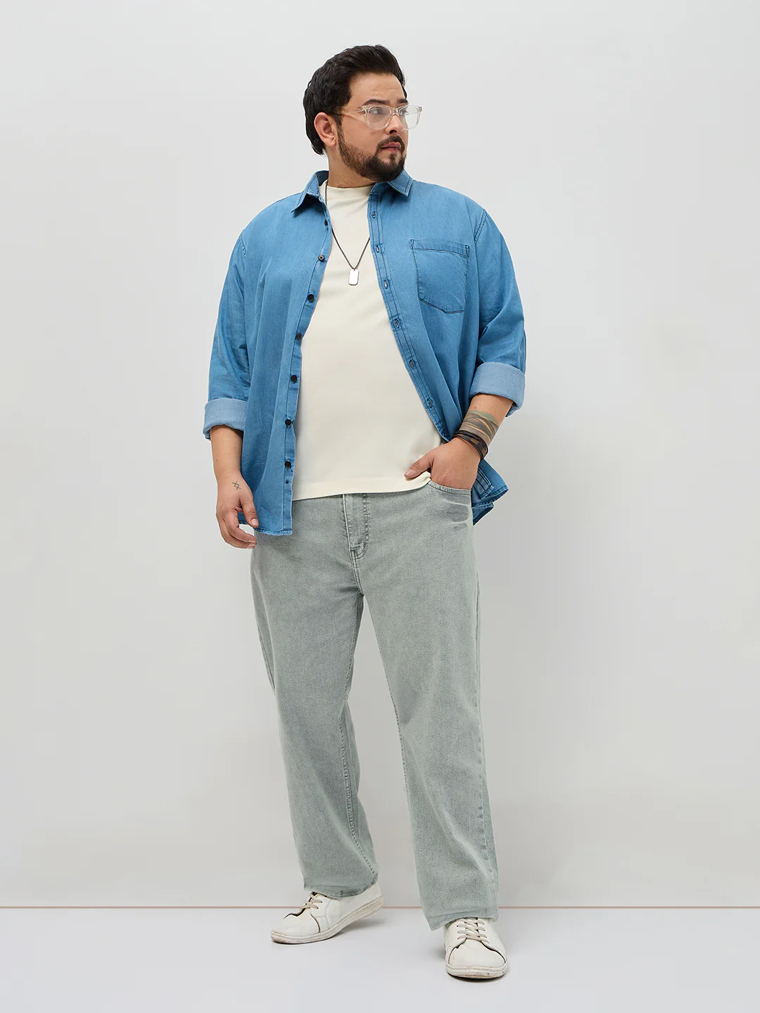 Plus Men's Ice Grey Regular Fit Acid Washed Denim Jeans Stretchable - Image 4
