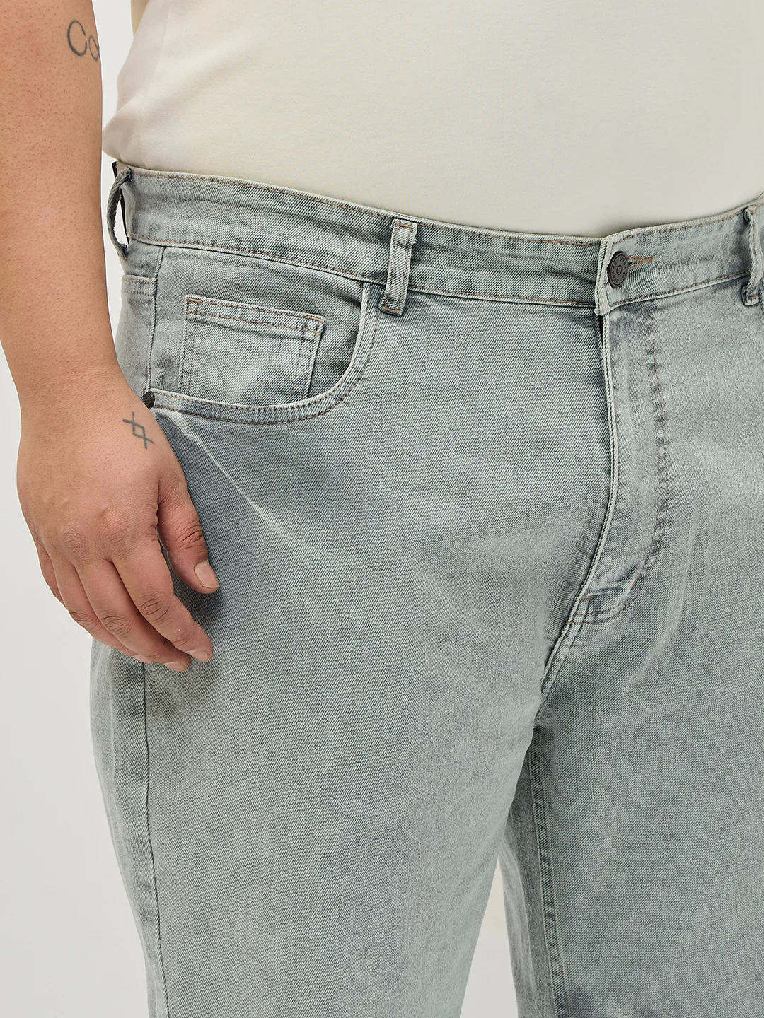 Plus Men's Ice Grey Regular Fit Acid Washed Denim Jeans Stretchable - Image 5