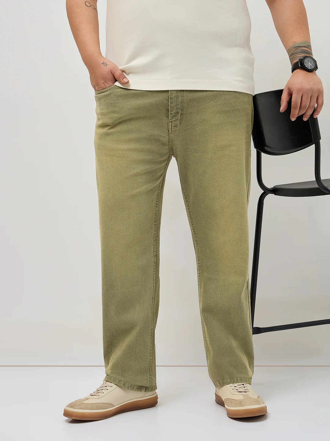 Plus Men's Ice Grey Regular Fit Whisker Washed Yellow Tint Denim Jeans Stretchable