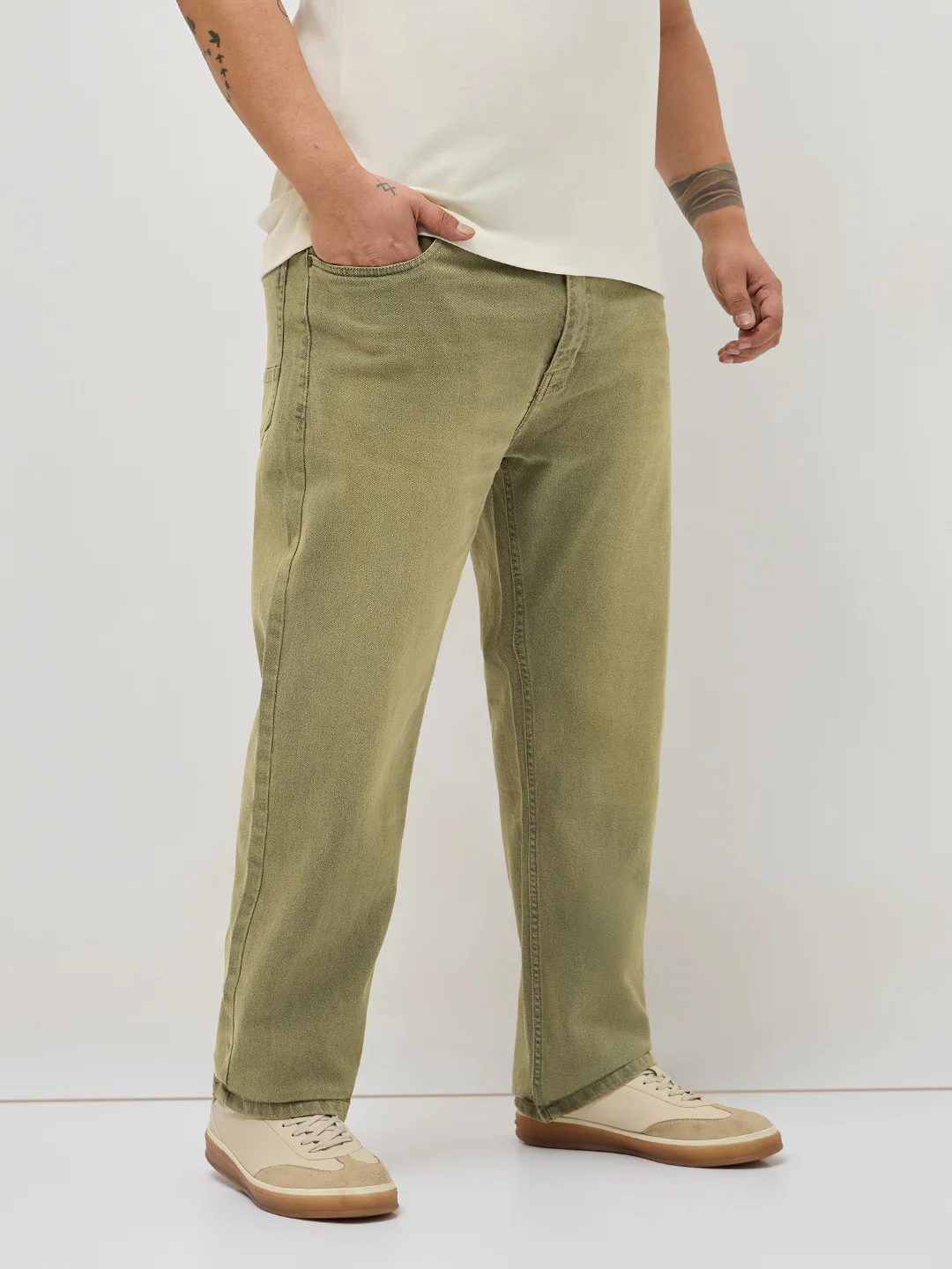 Plus Men's Ice Grey Regular Fit Whisker Washed Yellow Tint Denim Jeans Stretchable - Image 2