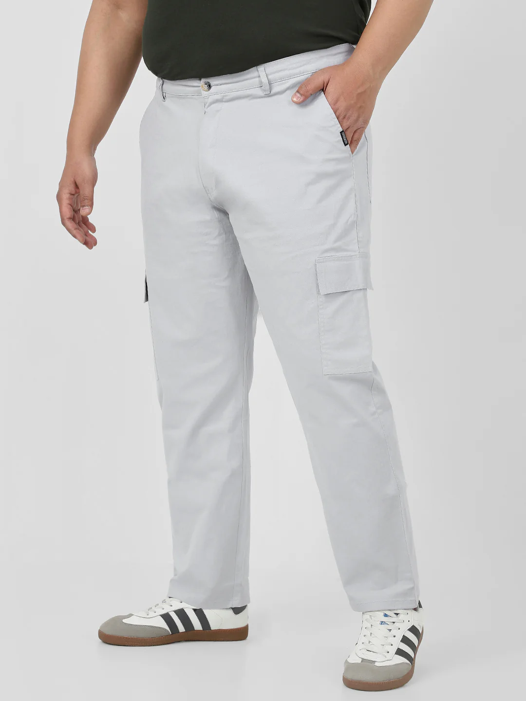 Plus Men's Ice Grey Regular Fit Solid Cargo Chino Pant with 6 Pockets Stretchable - Image 2