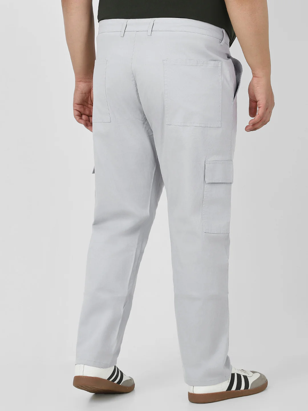 Plus Men's Ice Grey Regular Fit Solid Cargo Chino Pant with 6 Pockets Stretchable - Image 3