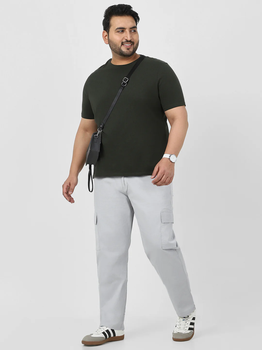 Plus Men's Ice Grey Regular Fit Solid Cargo Chino Pant with 6 Pockets Stretchable - Image 4