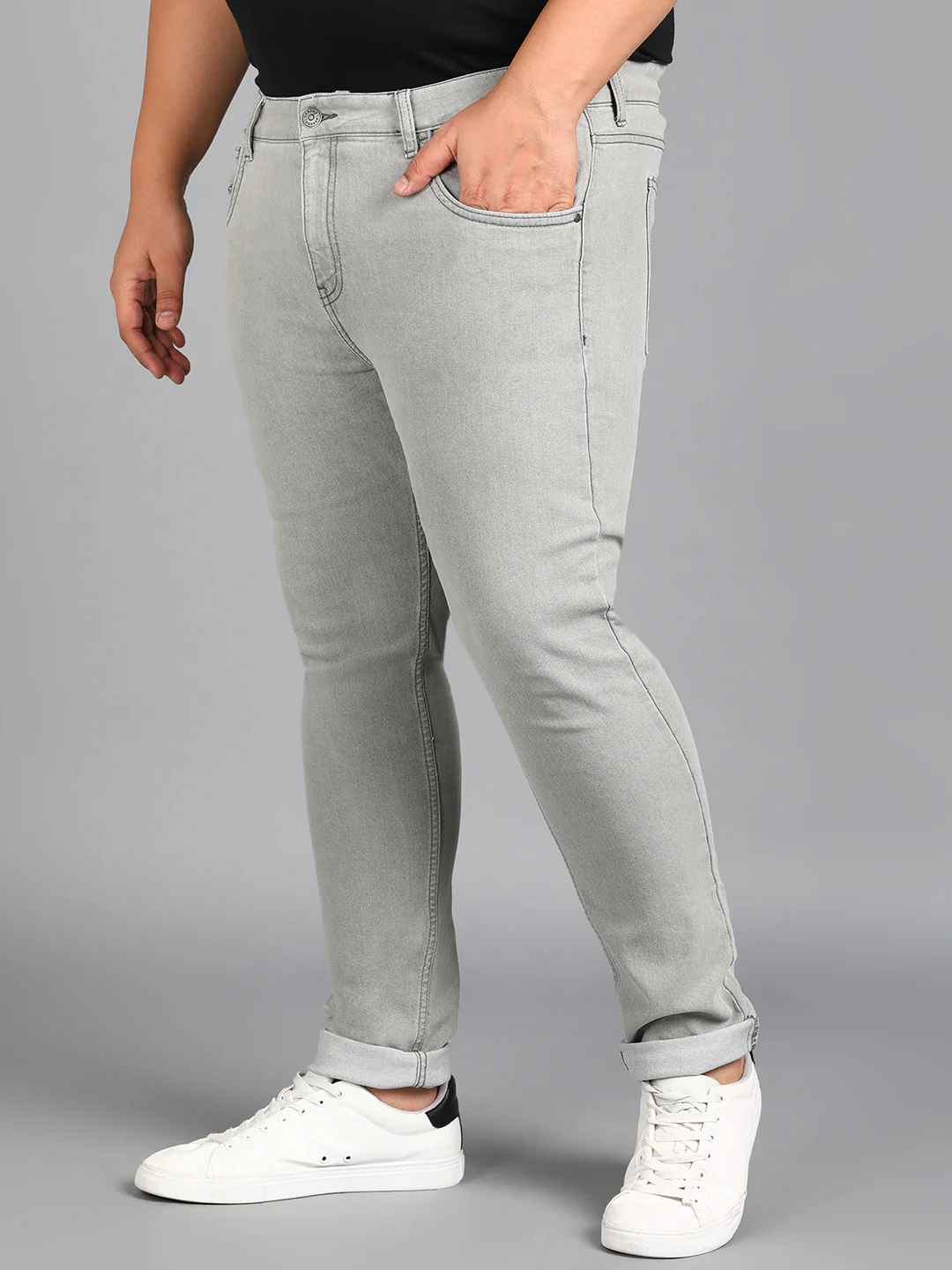 Plus Men's Ice Grey Regular Fit Washed Jeans Stretchable - Image 3