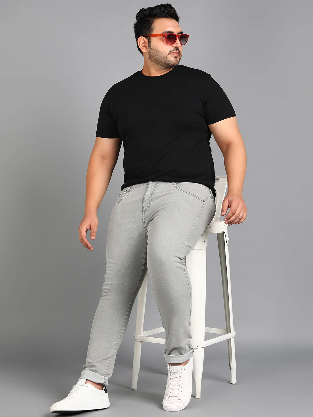 Plus Men's Ice Grey Regular Fit Washed Jeans Stretchable - Image 5