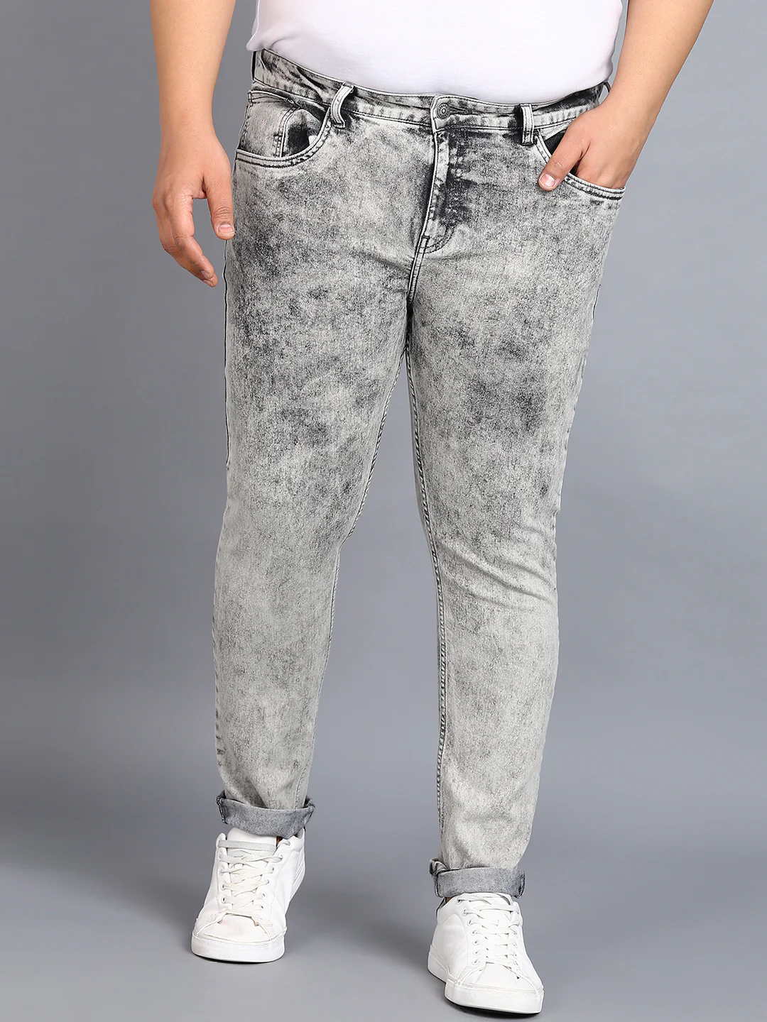 Plus Men's Ice Grey Regular Fit Washed Jeans Stretchable - Image 2