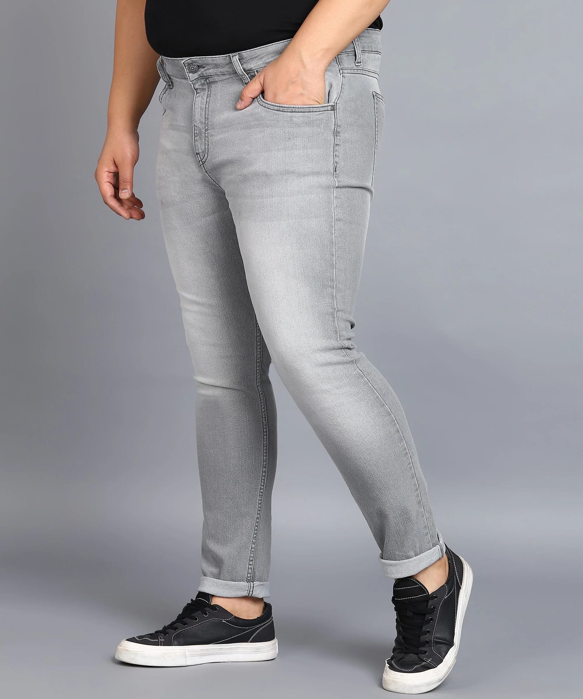Plus Men's Ice Grey Regular Fit Washed Jeans Stretchable - Image 2