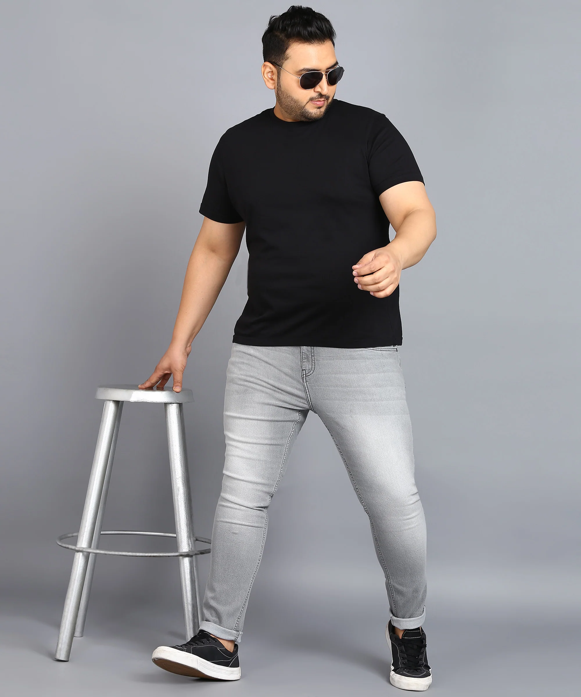 Plus Men's Ice Grey Regular Fit Washed Jeans Stretchable - Image 4