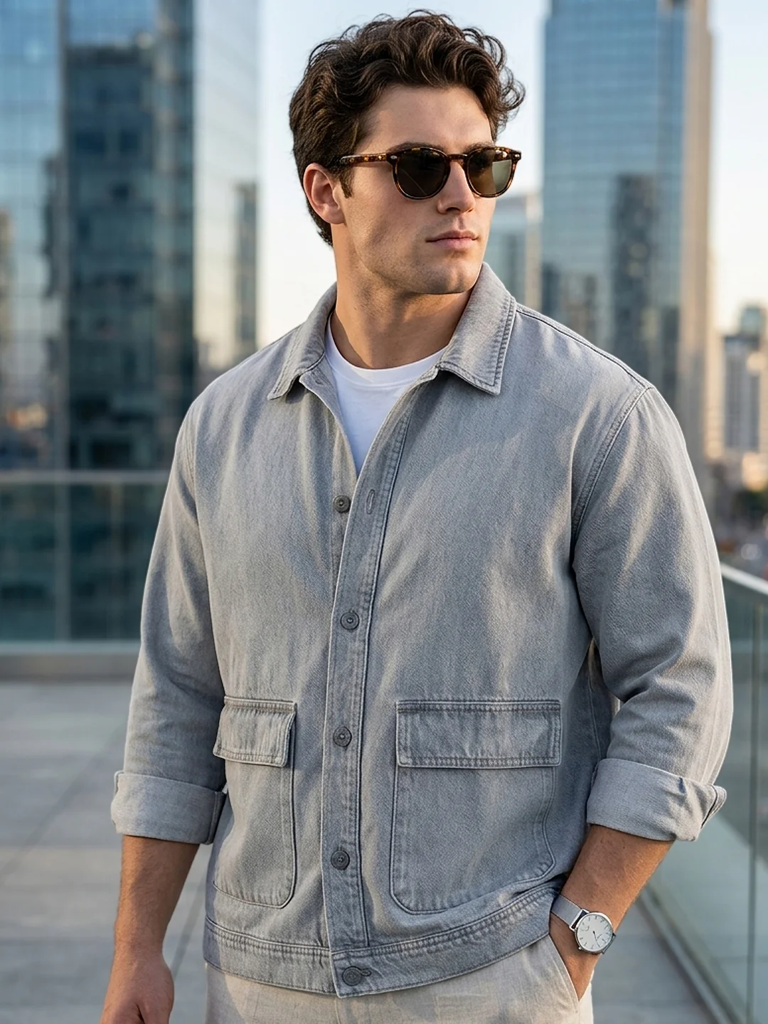 Plus Men's Ice Grey Relaxed Fit Full Sleeve Utility Denim Jacket