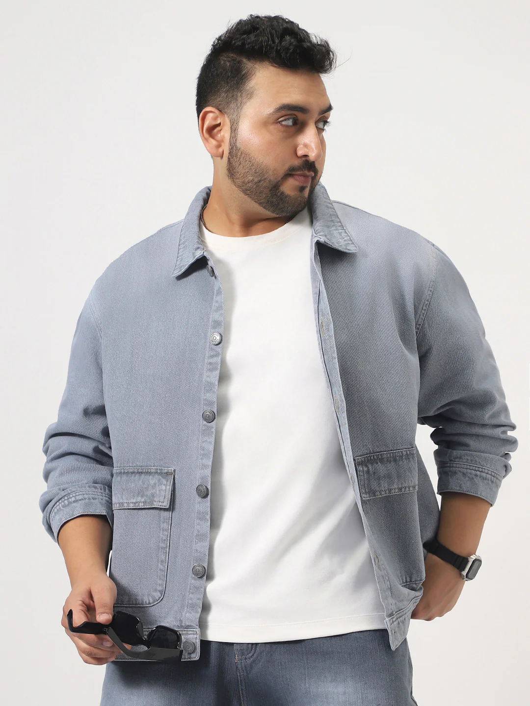 Plus Men's Ice Grey Relaxed Fit Full Sleeve Utility Denim Jacket - Image 2