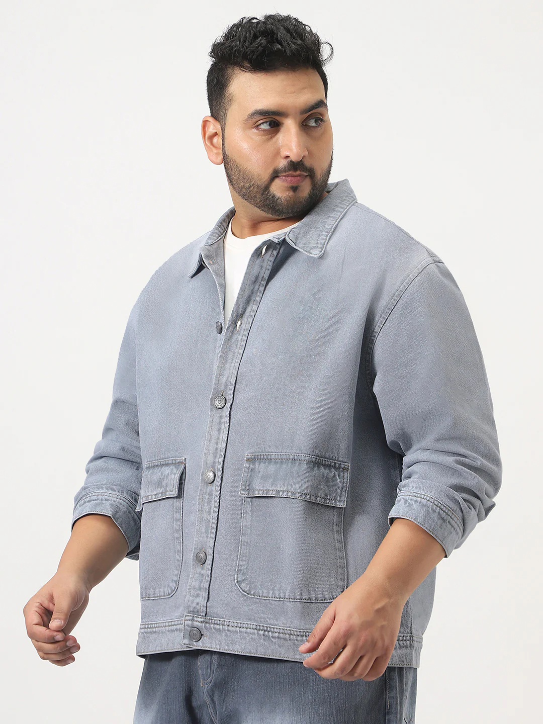 Plus Men's Ice Grey Relaxed Fit Full Sleeve Utility Denim Jacket - Image 3
