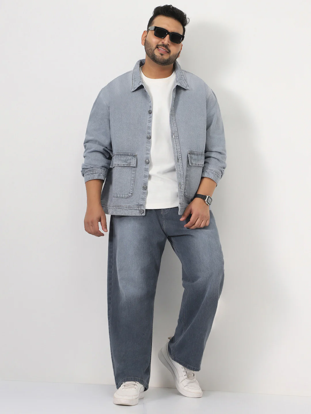 Plus Men's Ice Grey Relaxed Fit Full Sleeve Utility Denim Jacket - Image 5