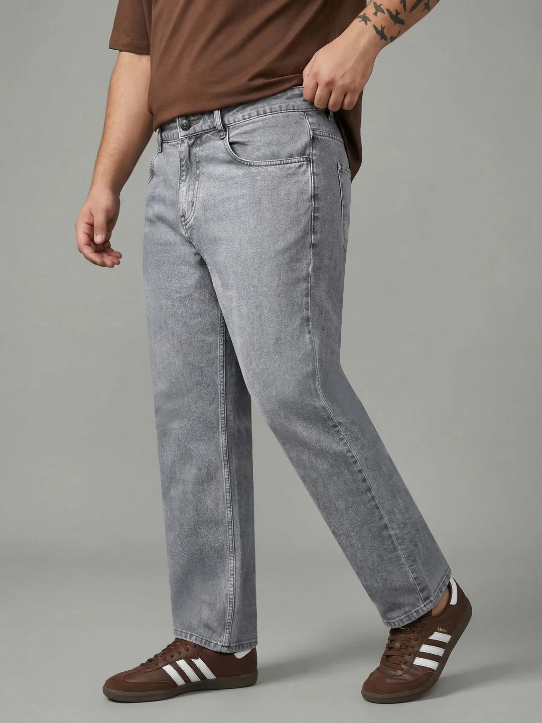 Plus Men's Ice Grey Relaxed Fit Washed Denim Jeans Non-Stretchable - Image 2