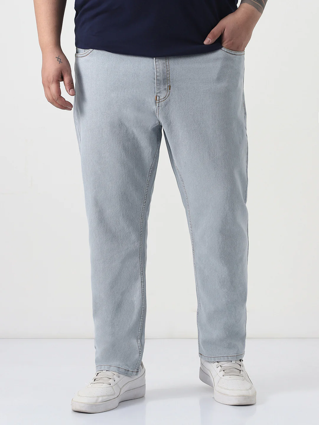 Plus Men's Ice Grey Slim Fit Washed Denim Jeans Stretchable
