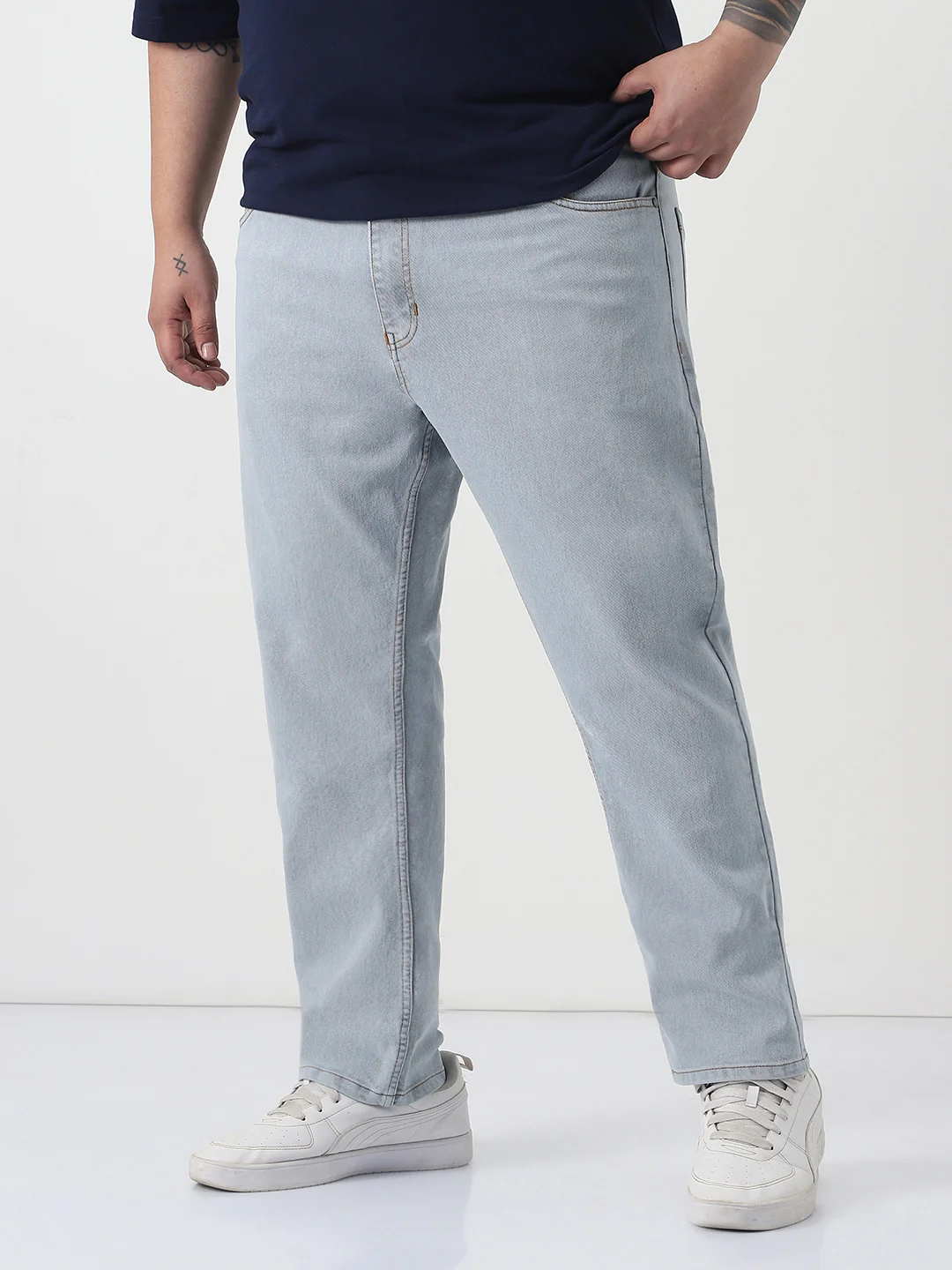 Plus Men's Ice Grey Slim Fit Washed Denim Jeans Stretchable - Image 2