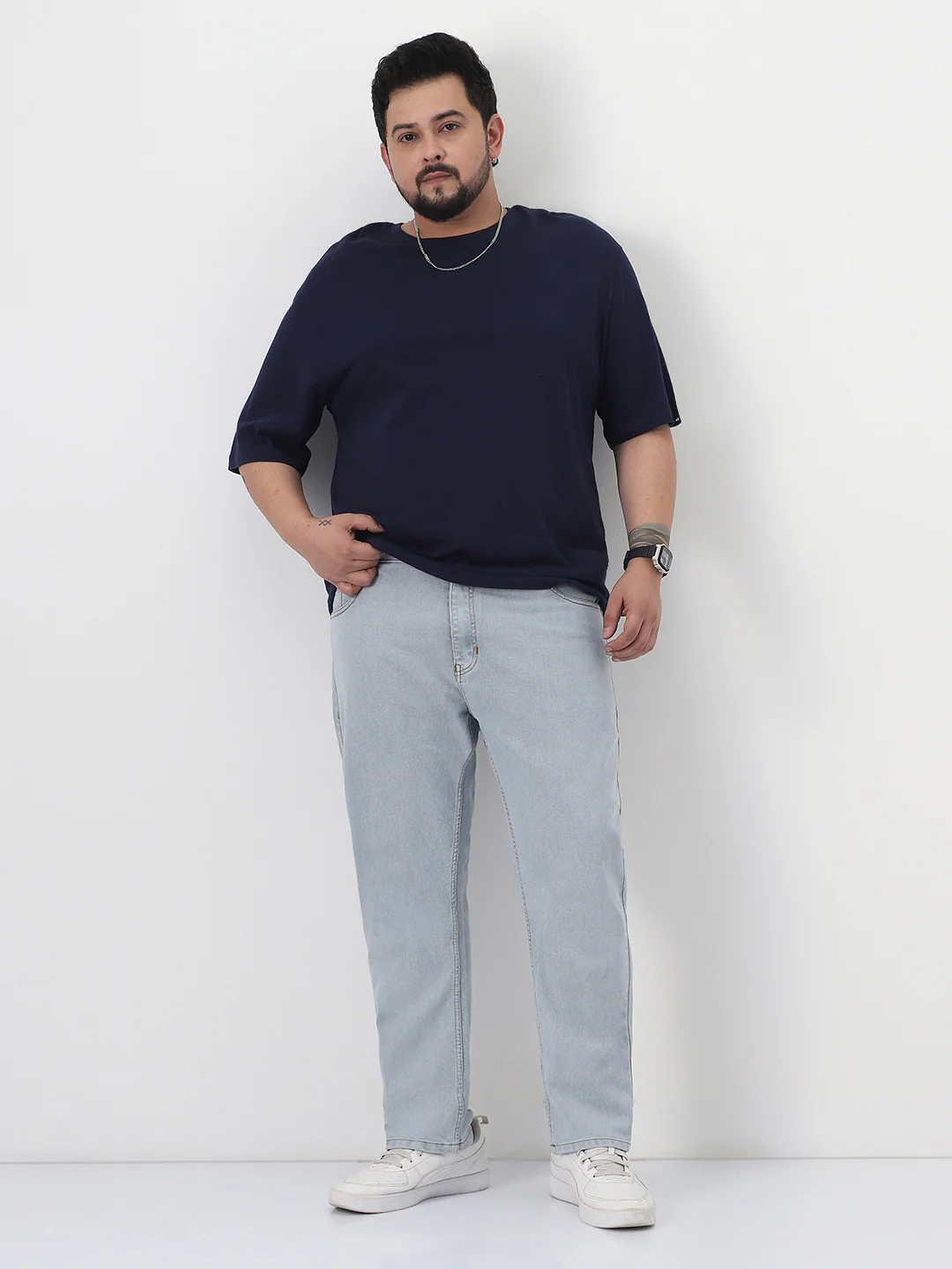 Plus Men's Ice Grey Slim Fit Washed Denim Jeans Stretchable - Image 4