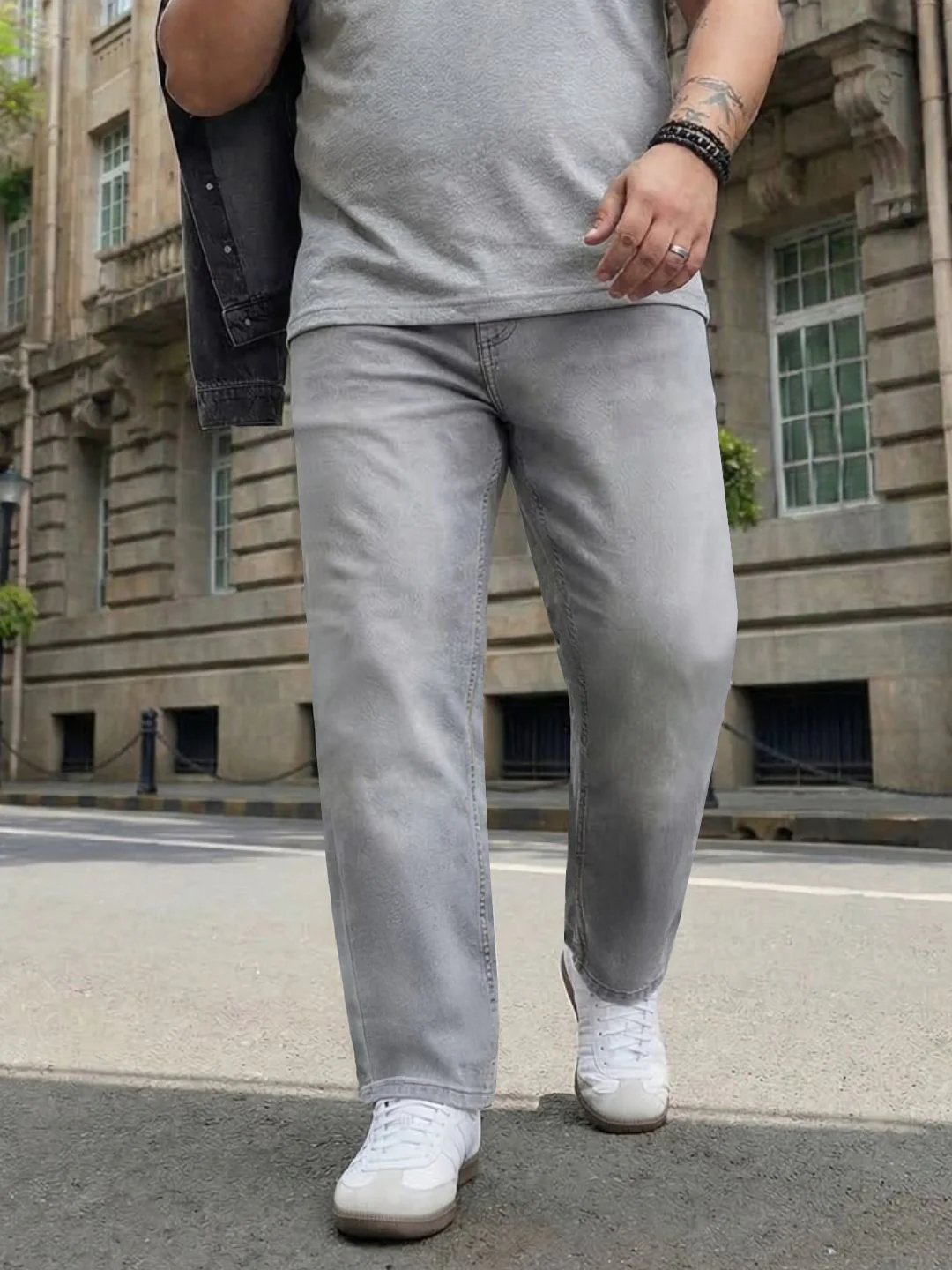 Plus Men's Ice Grey Straight Fit Heavy Washed Faded Denim Jeans Stretchable