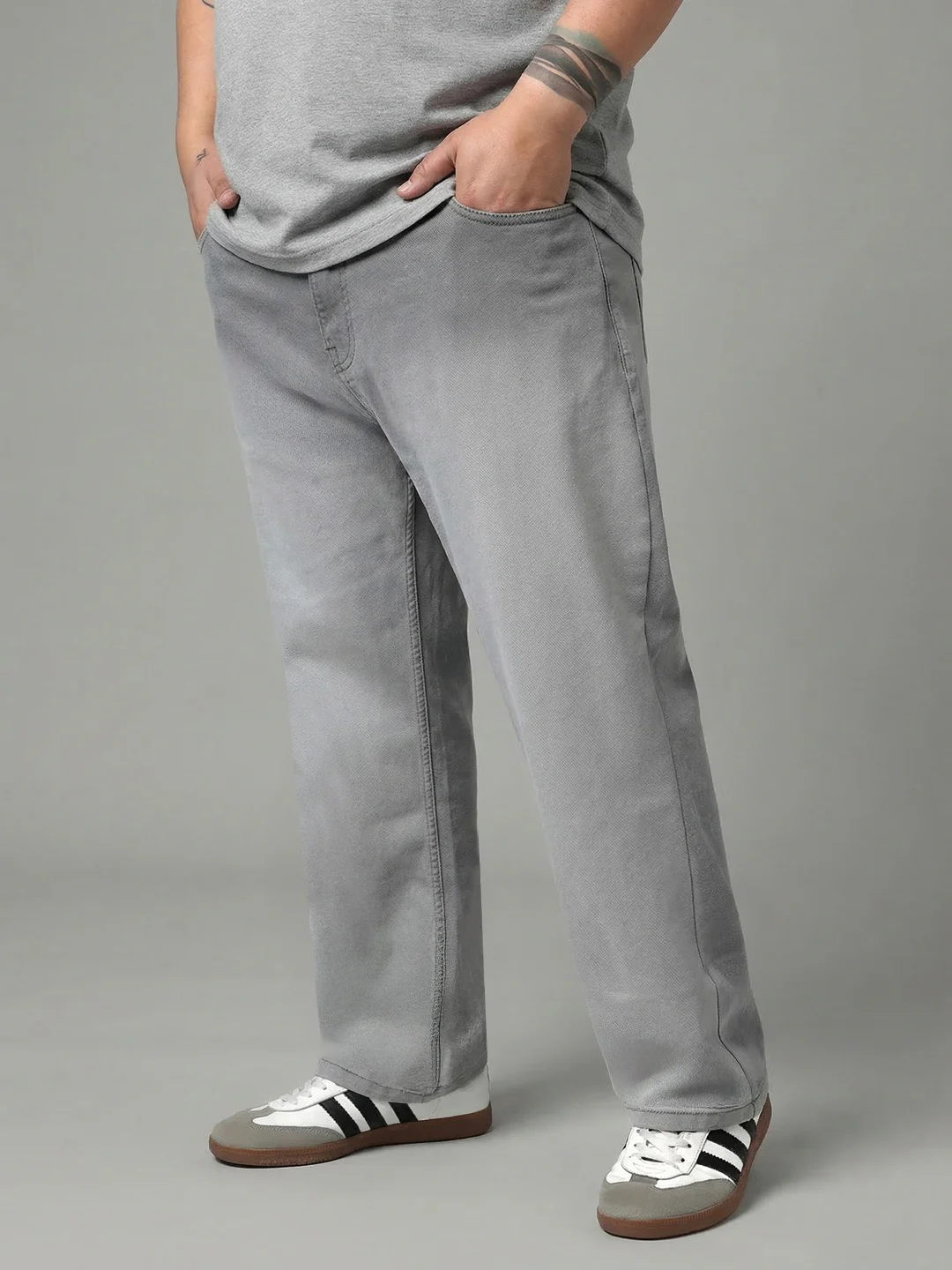 Plus Men's Ice Grey Straight Fit Heavy Washed Faded Denim Jeans Stretchable - Image 2