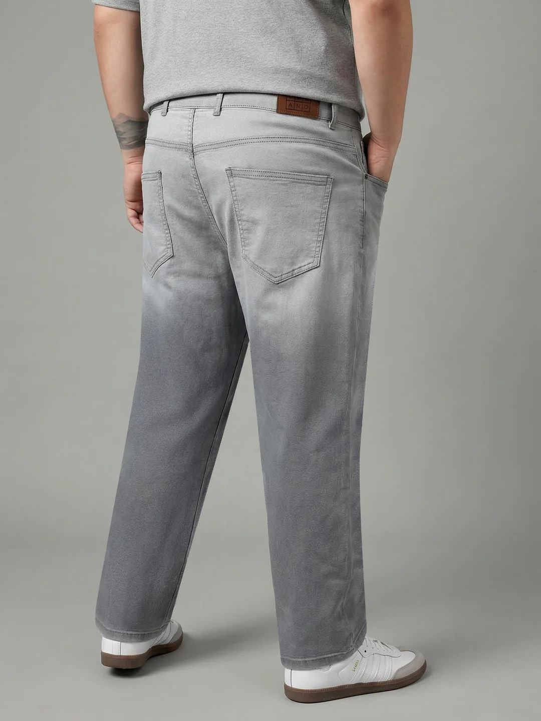 Plus Men's Ice Grey Straight Fit Heavy Washed Faded Denim Jeans Stretchable - Image 3