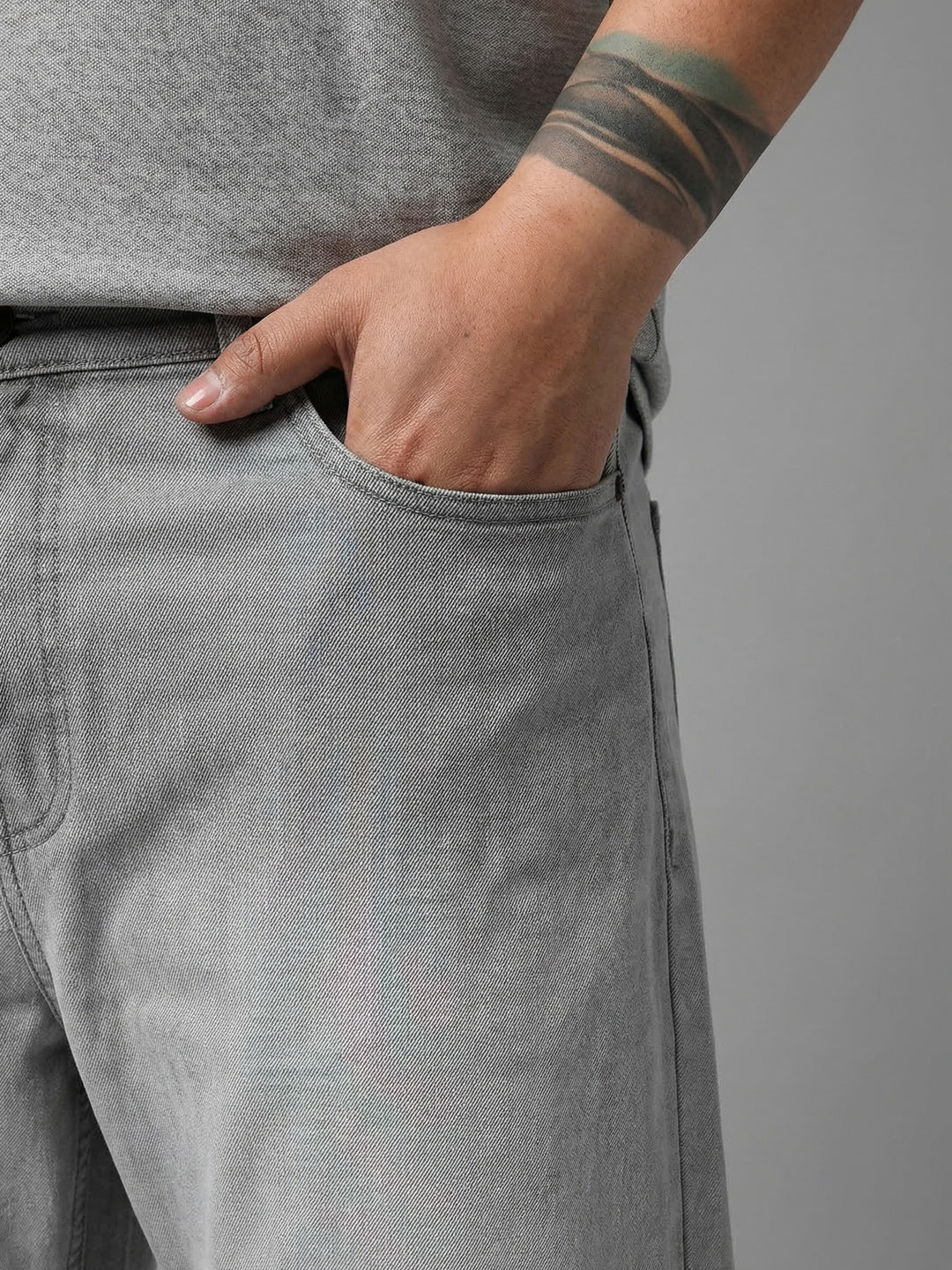 Plus Men's Ice Grey Straight Fit Heavy Washed Faded Denim Jeans Stretchable - Image 5