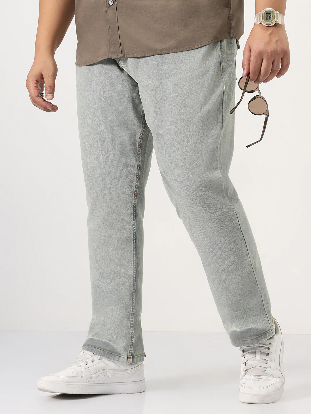 Plus Men's Ice Grey Straight Fit Heavy Washed Jeans Stretchable