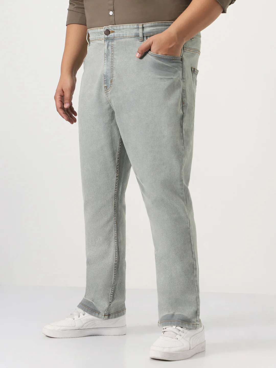 Plus Men's Ice Grey Straight Fit Heavy Washed Jeans Stretchable - Image 2