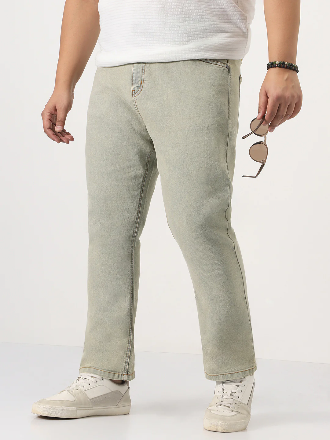 Plus Men's Ice Grey Straight Fit Heavy Washed Jeans Stretchable