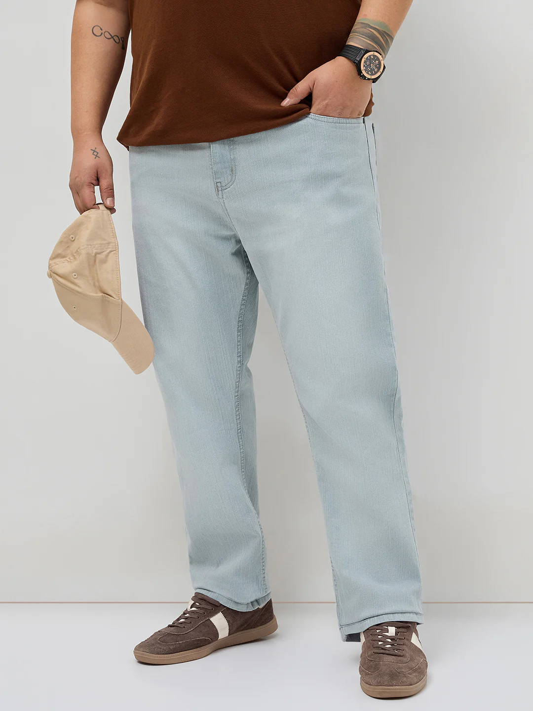 Plus Men's Ice Grey Straight Fit Washed Denim Jeans Stretchable