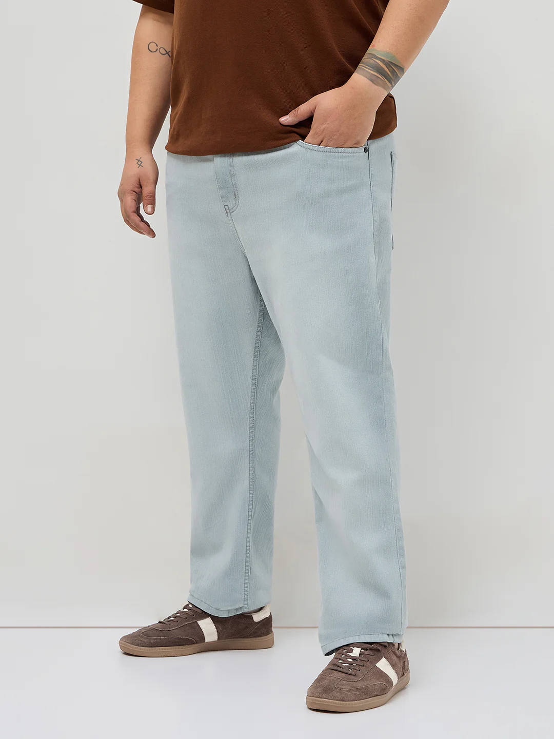Plus Men's Ice Grey Straight Fit Washed Denim Jeans Stretchable - Image 2
