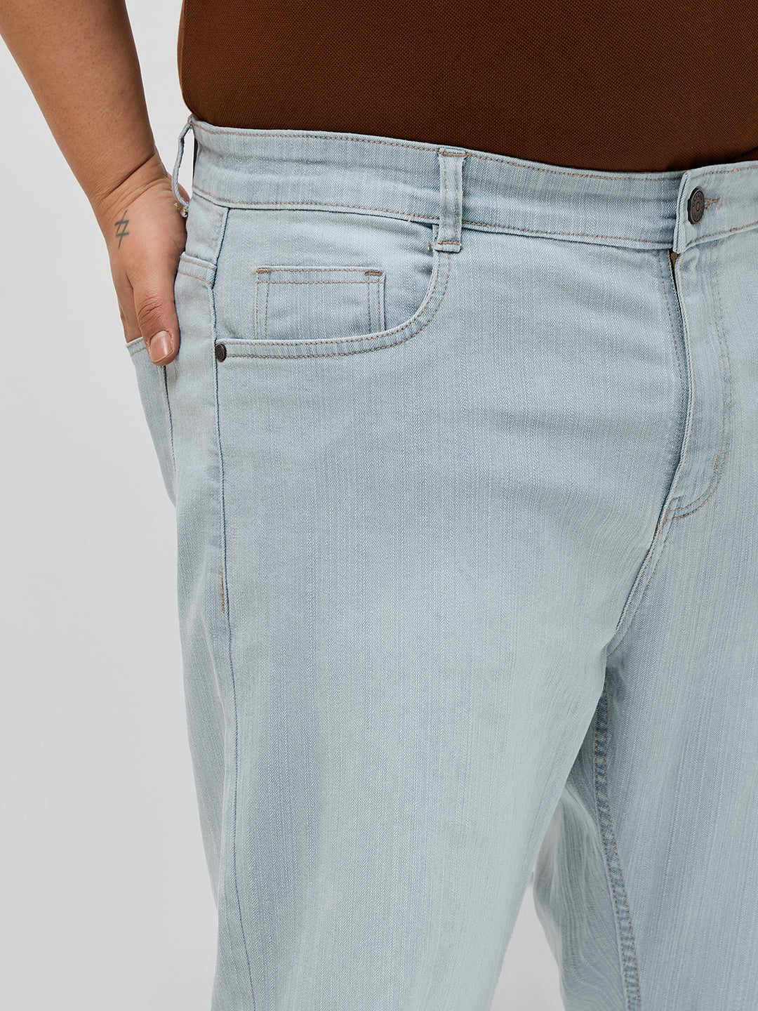 Plus Men's Ice Grey Straight Fit Washed Denim Jeans Stretchable - Image 5