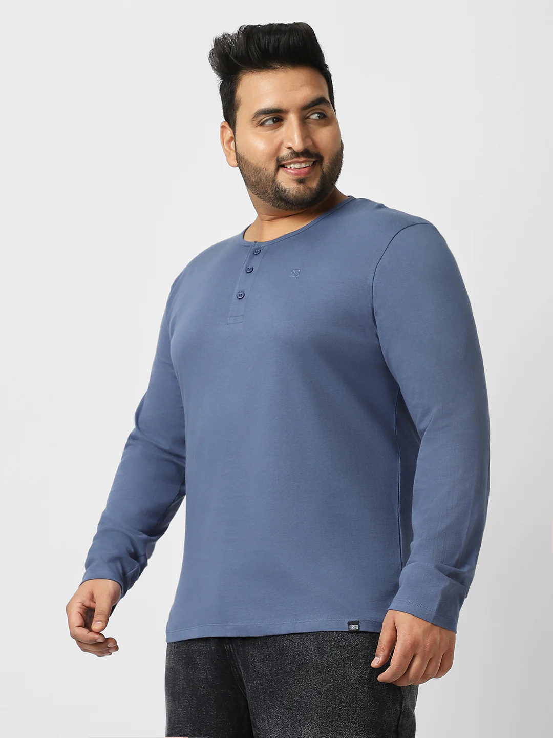 Plus Men's Indigo Blue Solid Henley Neck Regular Fit Full Sleeve Cotton T-Shirt - Image 2