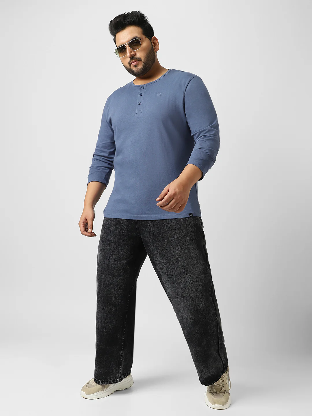Plus Men's Indigo Blue Solid Henley Neck Regular Fit Full Sleeve Cotton T-Shirt - Image 4