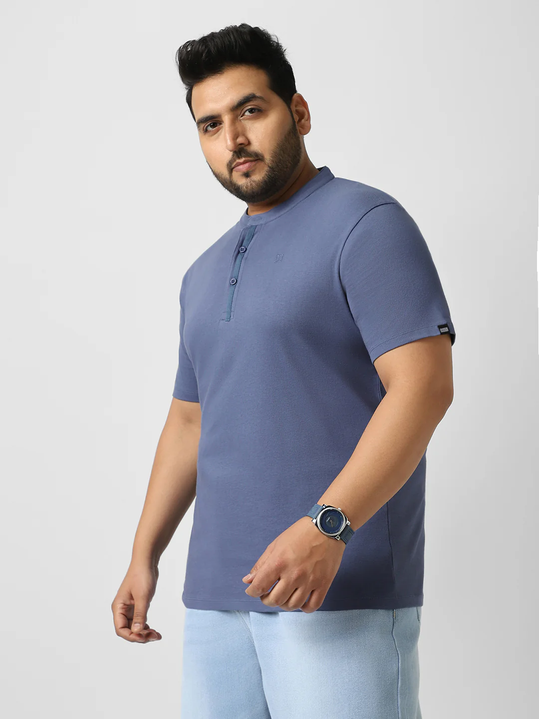 Plus Men's Indigo Blue Solid Mandarin Collar Regular Fit Half Sleeve Cotton T-Shirt - Image 2