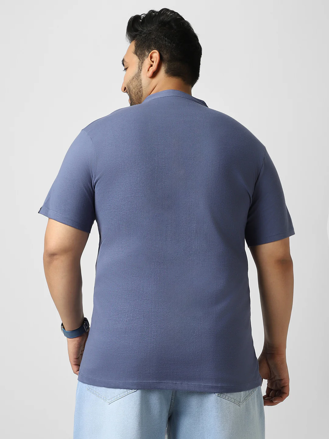 Plus Men's Indigo Blue Solid Mandarin Collar Regular Fit Half Sleeve Cotton T-Shirt - Image 3