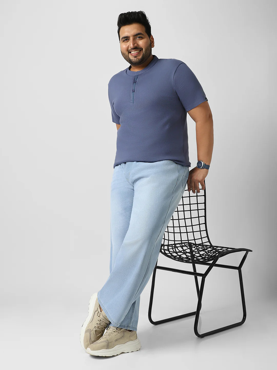 Plus Men's Indigo Blue Solid Mandarin Collar Regular Fit Half Sleeve Cotton T-Shirt - Image 4