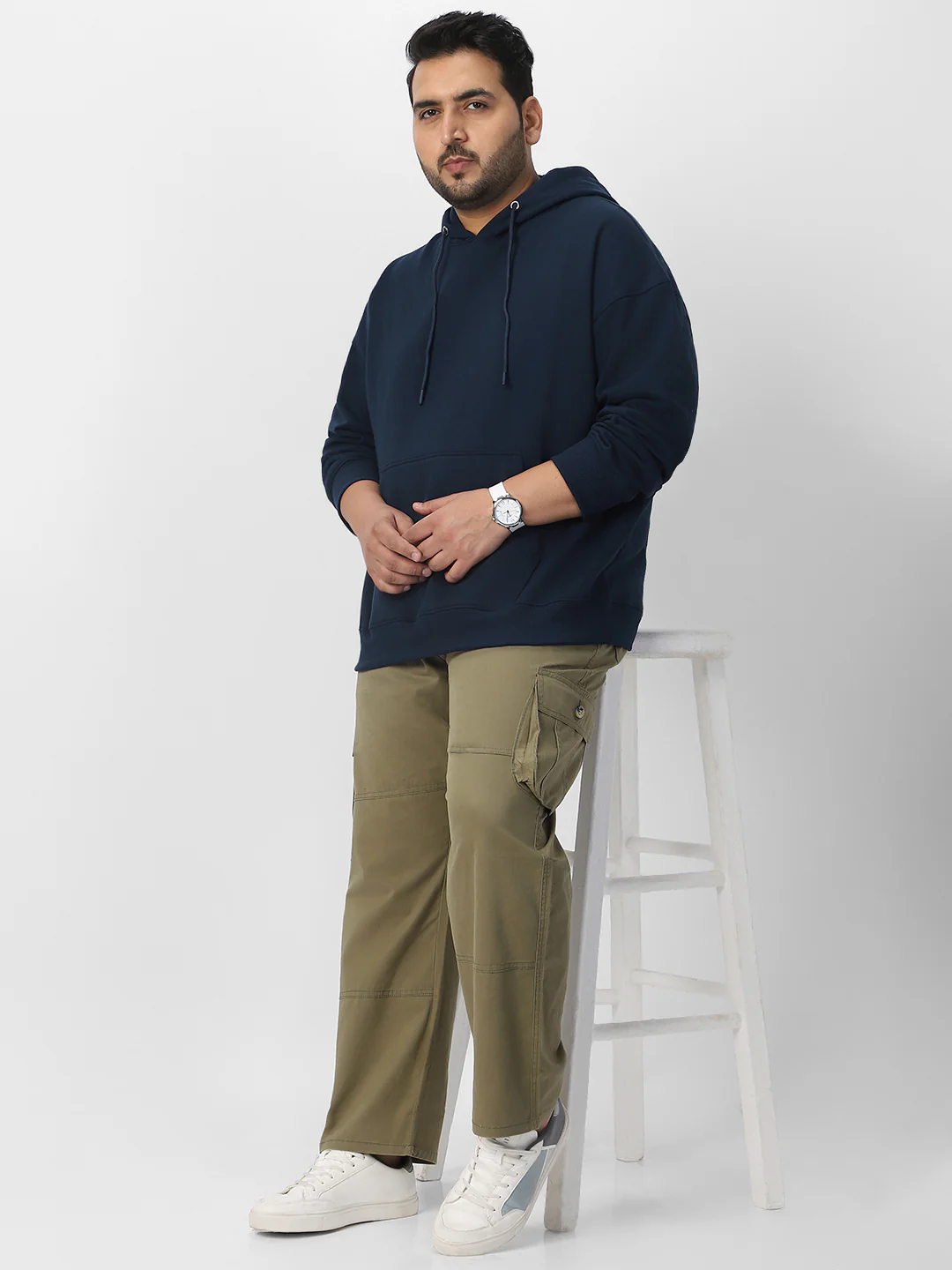 Plus Men's Iris Navy Cotton Solid Oversized Hooded Neck Sweatshirt - Image 4