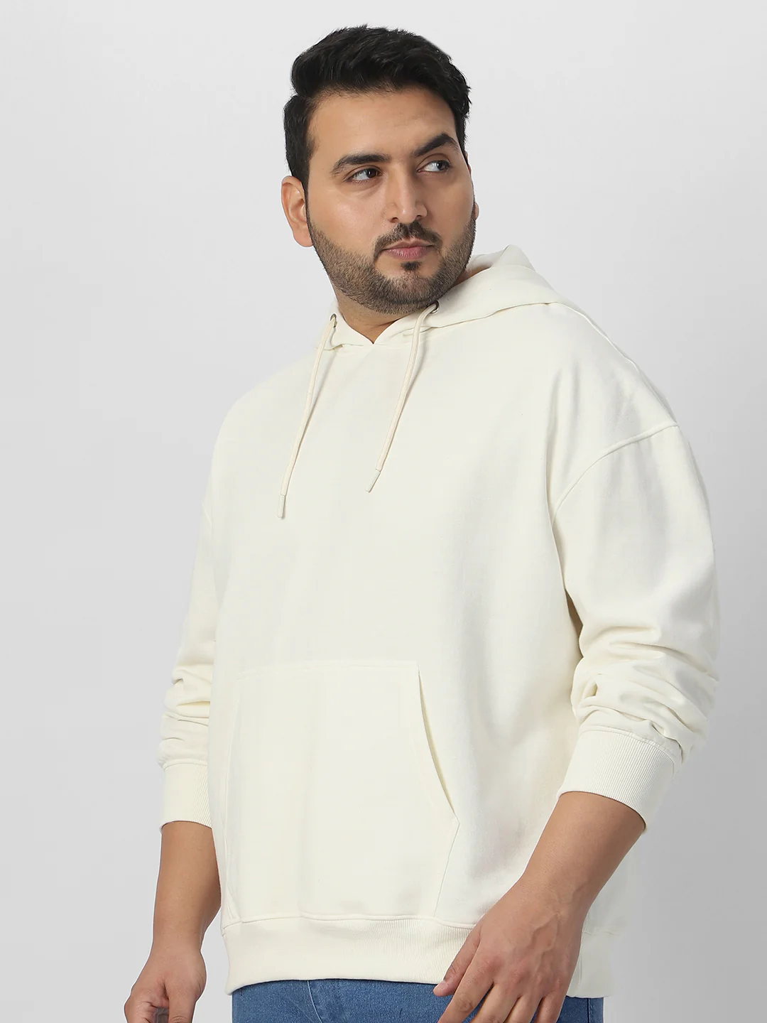 Plus Men's Ivory Cotton Solid Oversized Hooded Neck Sweatshirt - Image 2