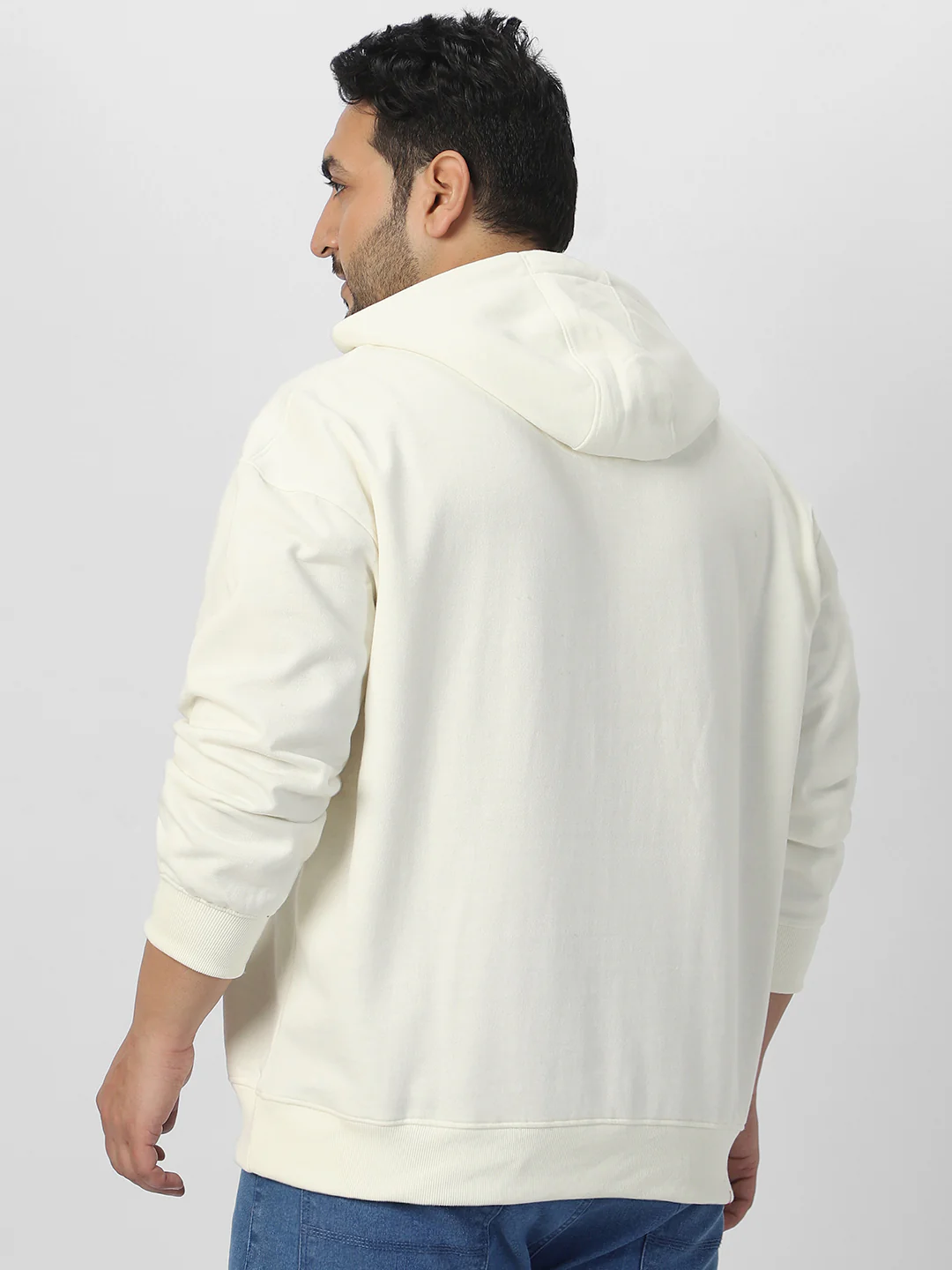 Plus Men's Ivory Cotton Solid Oversized Hooded Neck Sweatshirt - Image 3