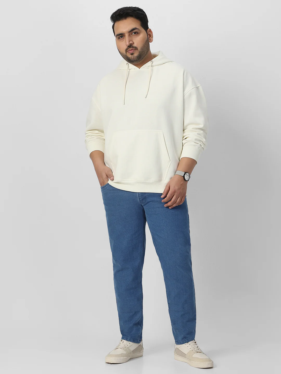 Plus Men's Ivory Cotton Solid Oversized Hooded Neck Sweatshirt - Image 4
