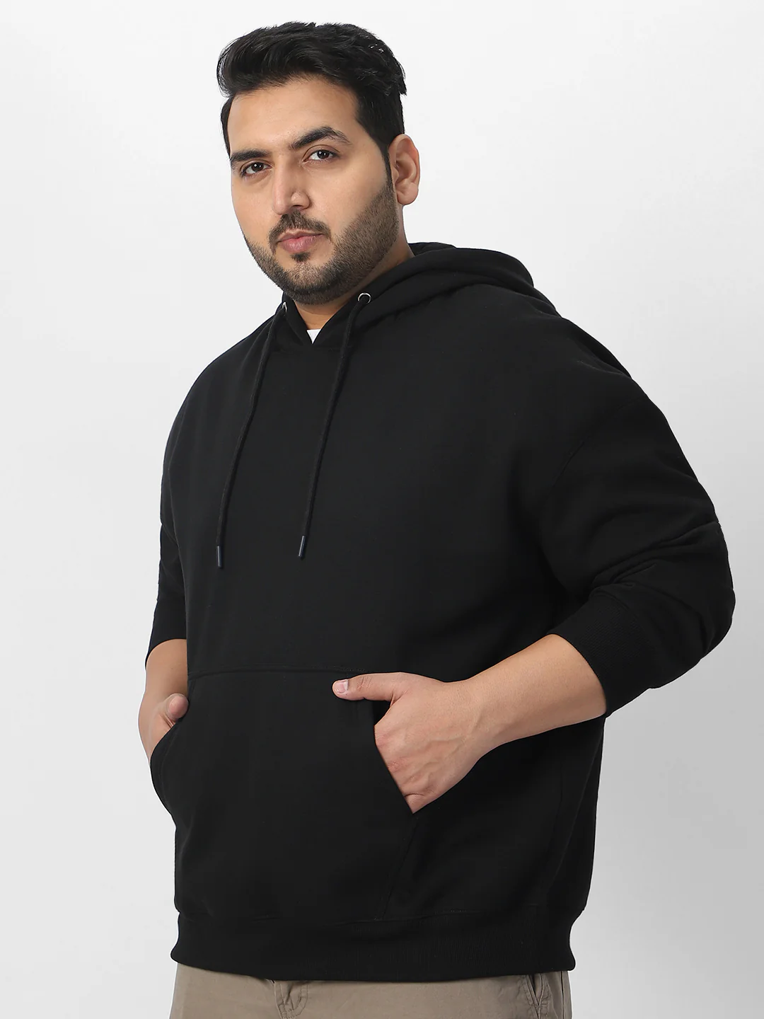 Plus Men's Jet Black Cotton Solid Oversized Hooded Neck Sweatshirt - Image 2