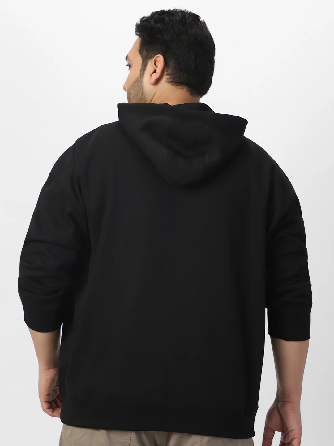 Plus Men's Jet Black Cotton Solid Oversized Hooded Neck Sweatshirt - Image 3