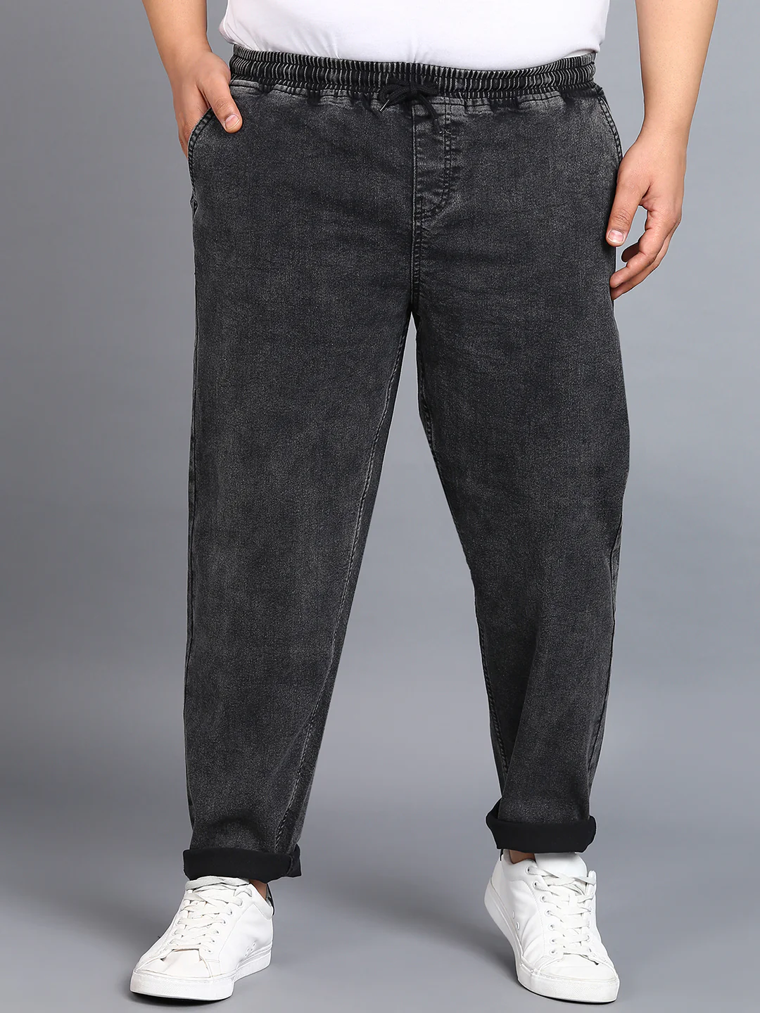 Plus Men's Jet Black Regular Fit Washed Jogger Jeans Stretchable - Image 2